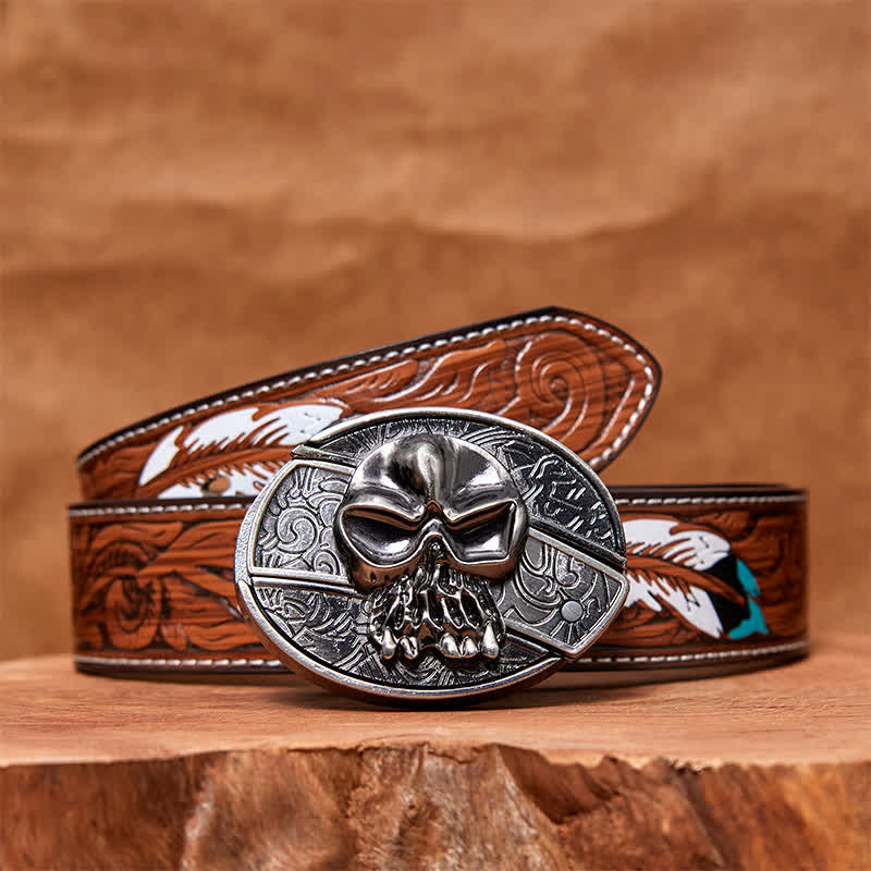 Cinturón de cuero con cuchillo plegable oculto con cabeza de calavera para hombre