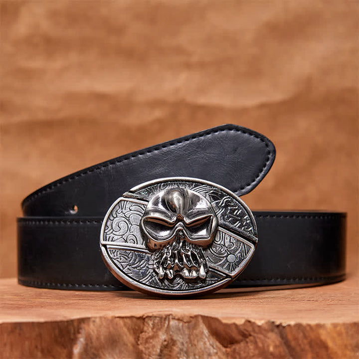Cinturón de cuero con cuchillo plegable oculto con cabeza de calavera para hombre