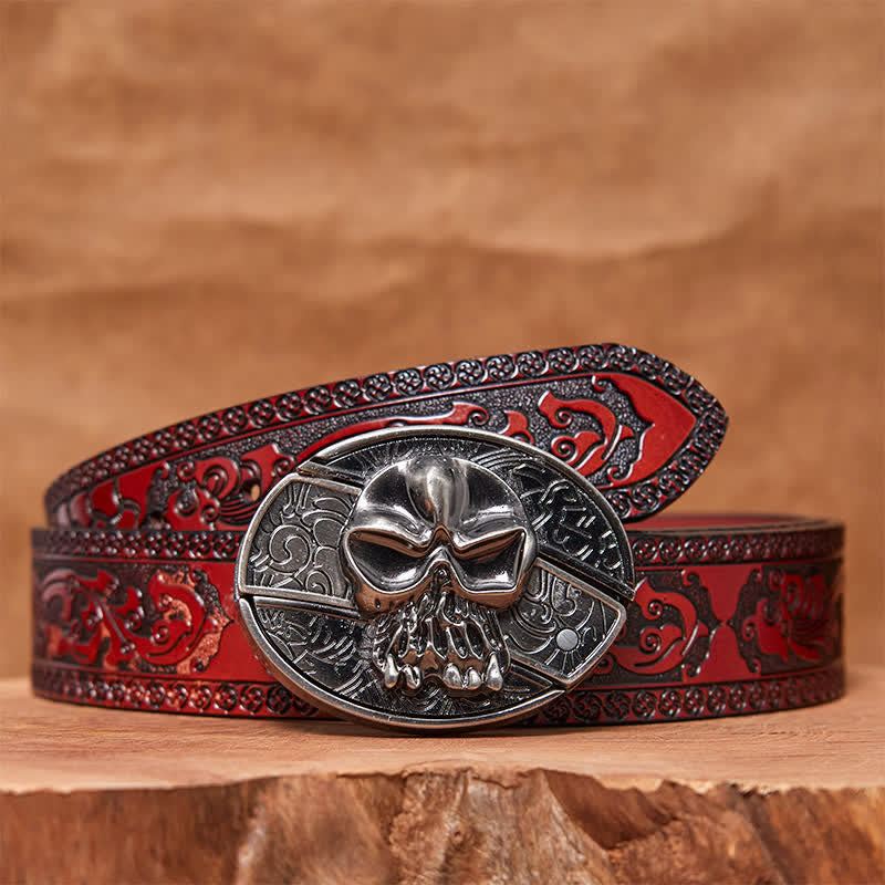 Cinturón de cuero con cuchillo plegable oculto con cabeza de calavera para hombre