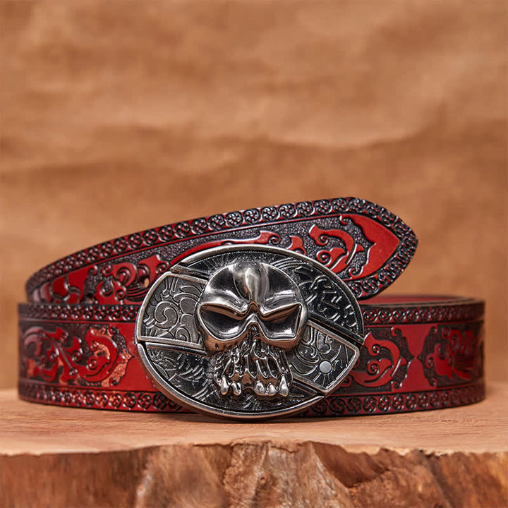 Cinturón de cuero con cuchillo plegable oculto con cabeza de calavera para hombre