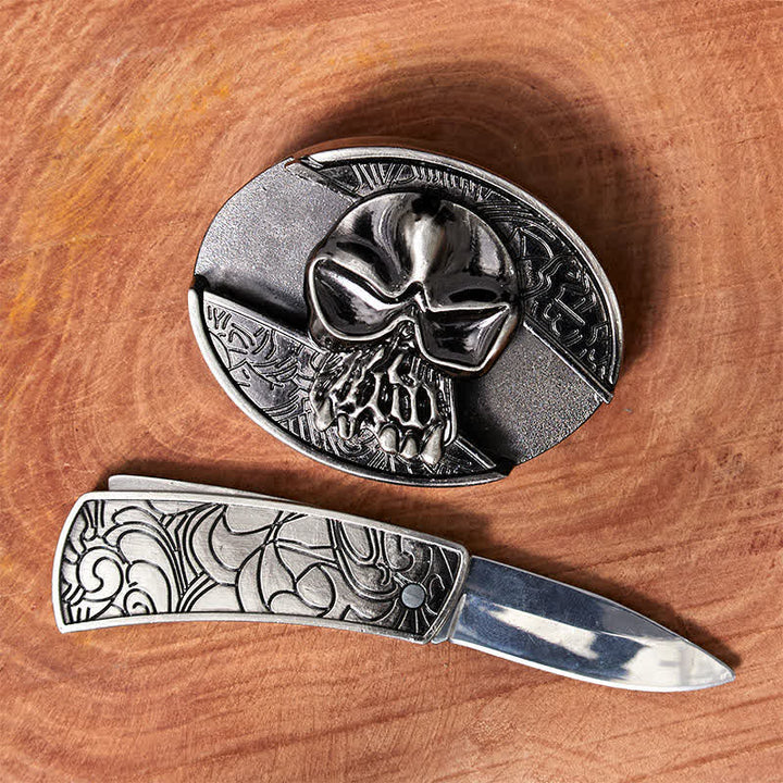 Cinturón de cuero con cuchillo plegable oculto con cabeza de calavera para hombre