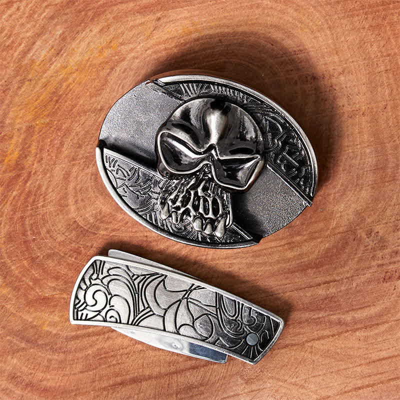 Cinturón de cuero con cuchillo plegable oculto con cabeza de calavera para hombre