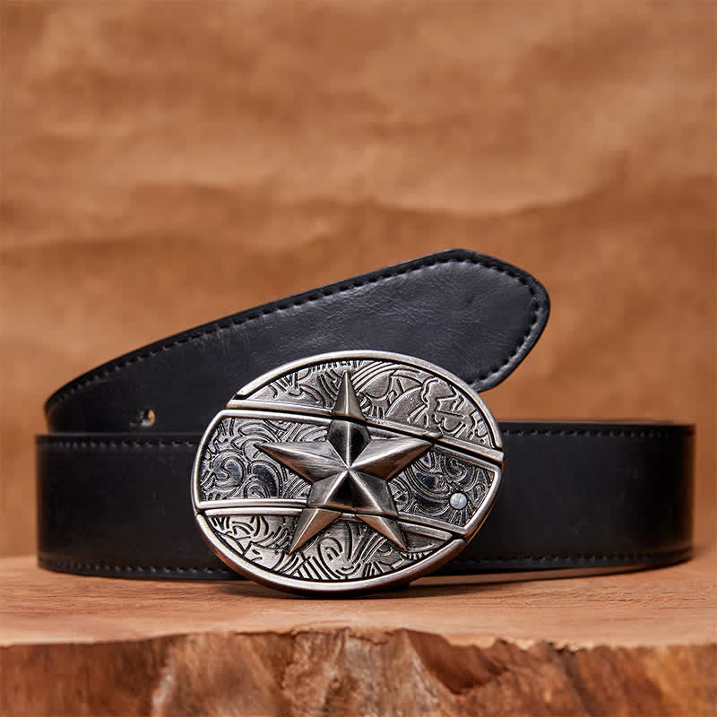 Cinturón de cuero con cuchillo plegable oculto con pentagrama para hombre - Pentagrama - Cinturón de PU negro - 42 - image 4