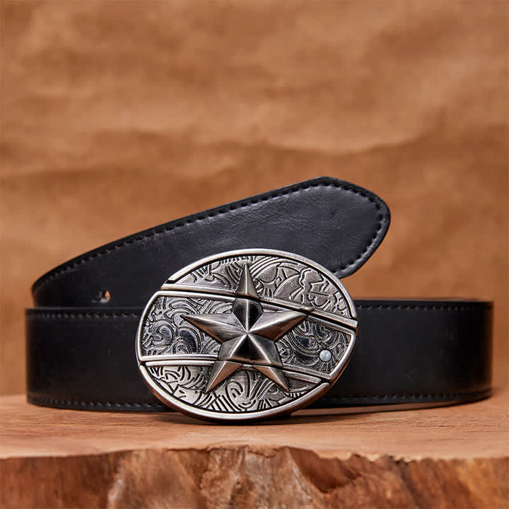 Cinturón de cuero con cuchillo plegable oculto con pentagrama para hombre - Pentagrama - Cinturón de PU negro - 42 - image 4