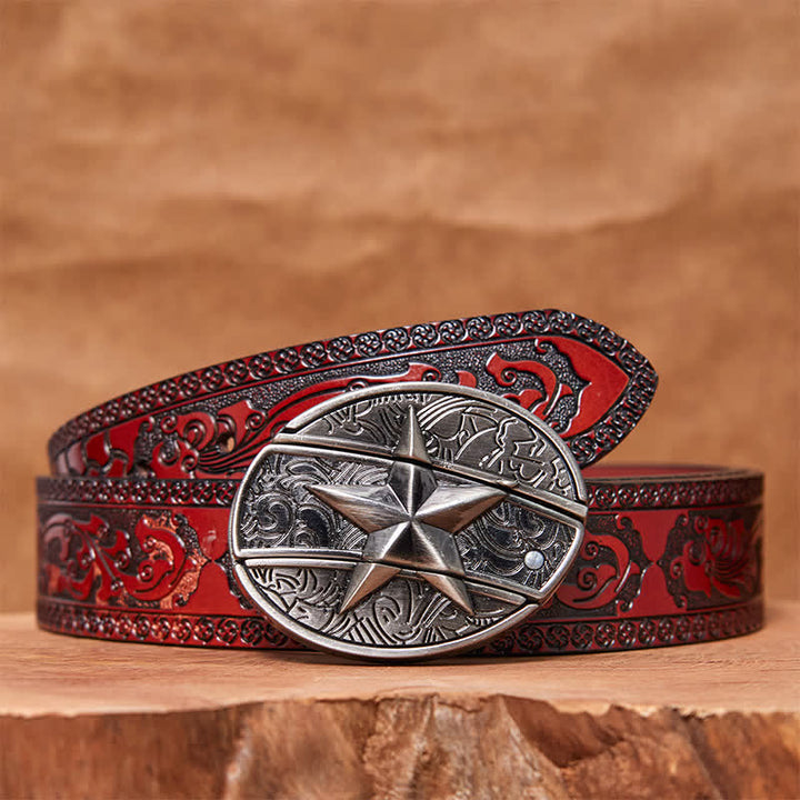 Cinturón de cuero con cuchillo plegable oculto con pentagrama para hombre - Pentagrama - Cinturón marrón tallado - 42 - image 7