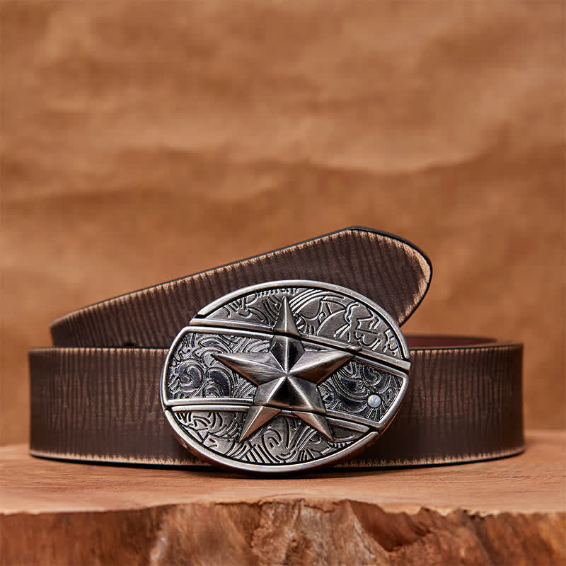 Cinturón de cuero con cuchillo plegable oculto con pentagrama para hombre - Pentagrama - Cinturón marrón desgastado - 42 - image 8