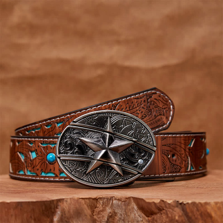 Cinturón de cuero con cuchillo plegable oculto con pentagrama para hombre - Pentagrama - Cinturón tallado en turquesa - 42 - image 5