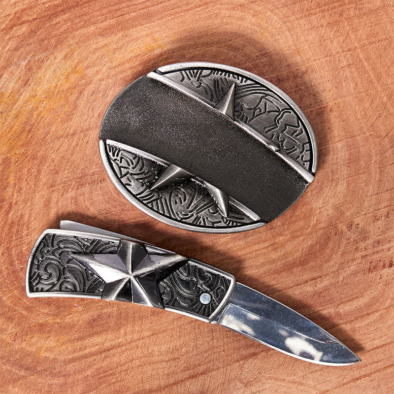 Cinturón de cuero con cuchillo plegable oculto con pentagrama para hombre - image 1