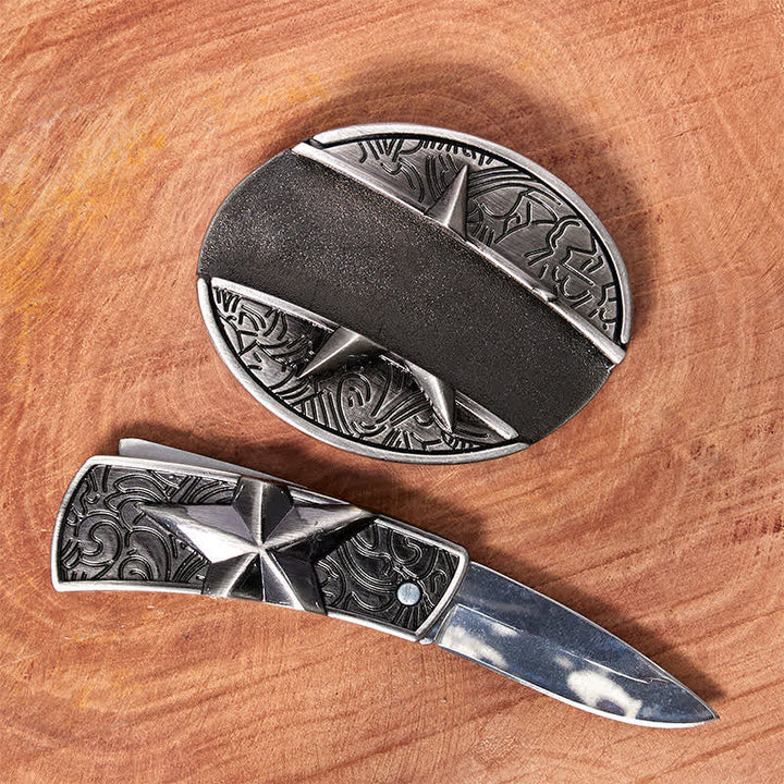 Cinturón de cuero con cuchillo plegable oculto con pentagrama para hombre - image 1