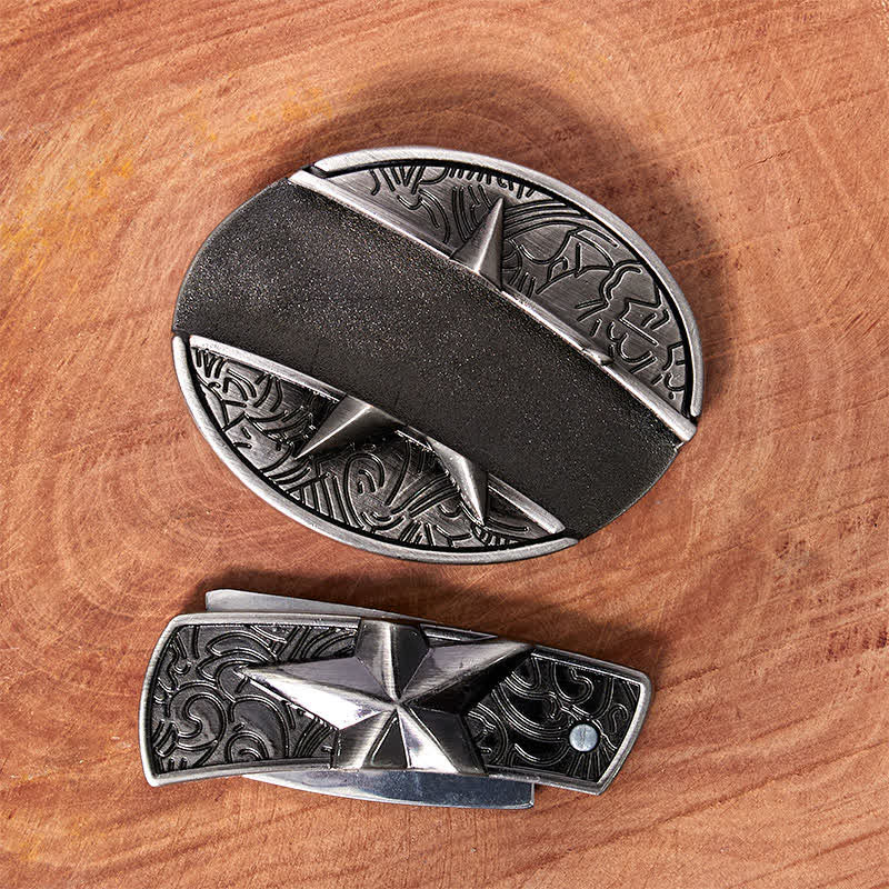 Cinturón de cuero con cuchillo plegable oculto con pentagrama para hombre - image 3