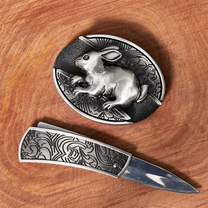 Cinturón de cuero con cuchillo plegable oculto de conejo para hombre
