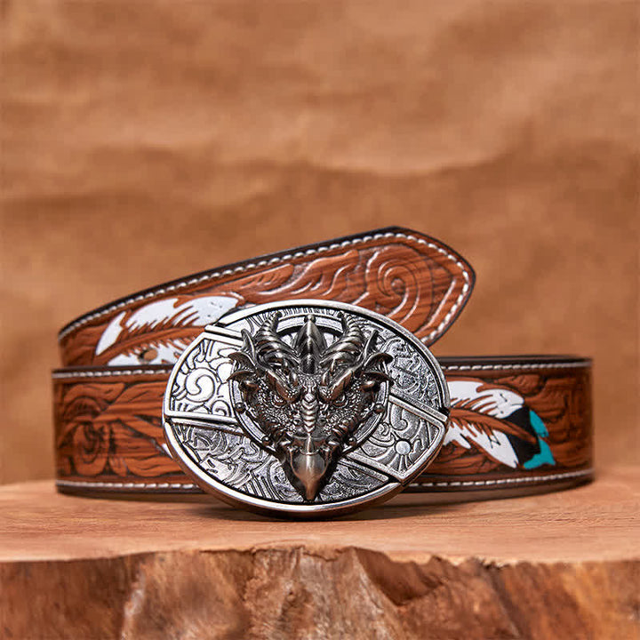 Cinturón de cuero con cuchillo plegable oculto de dragón afilado para hombre