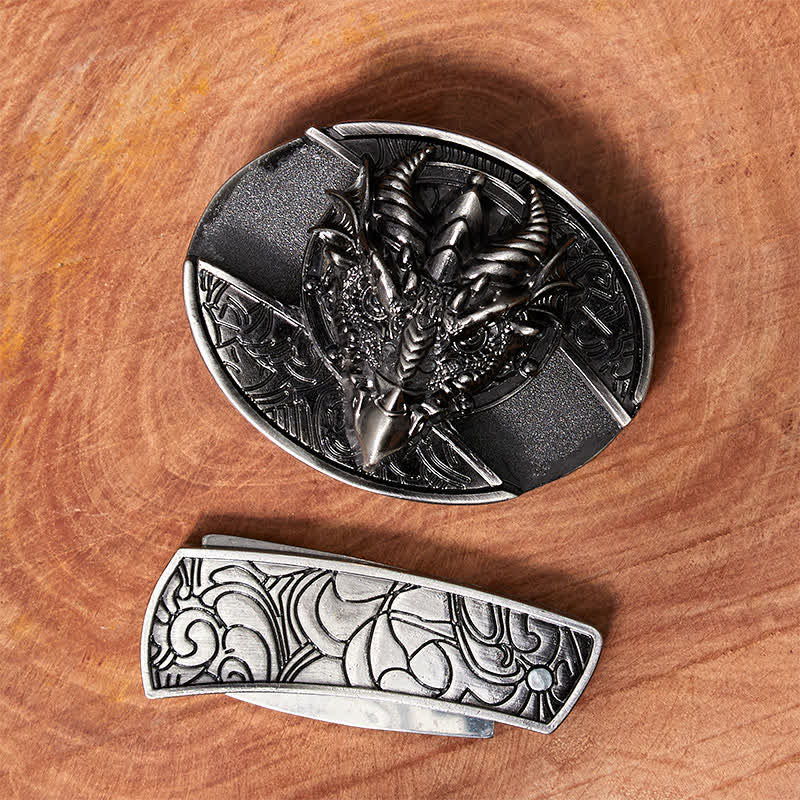 Cinturón de cuero con cuchillo plegable oculto de dragón afilado para hombre