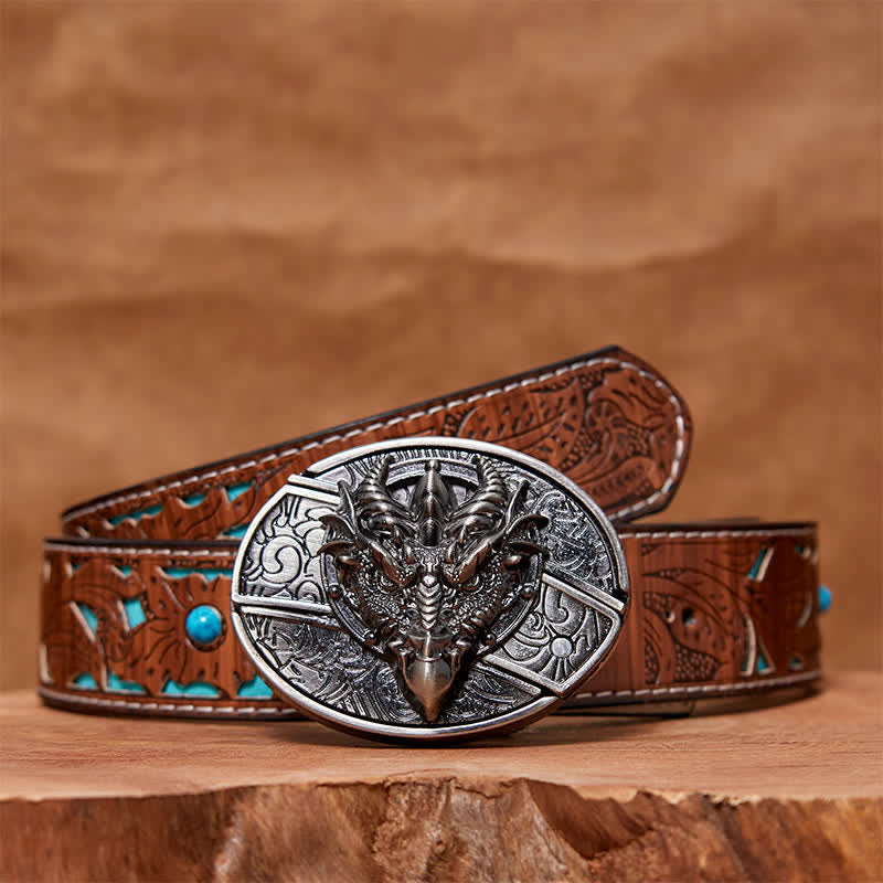 Cinturón de cuero con cuchillo plegable oculto de dragón afilado para hombre