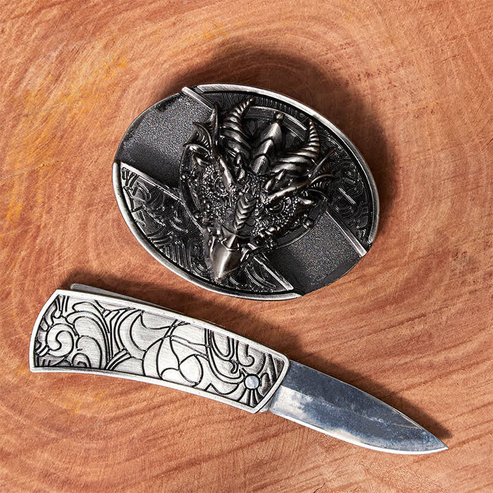 Cinturón de cuero con cuchillo plegable oculto de dragón afilado para hombre