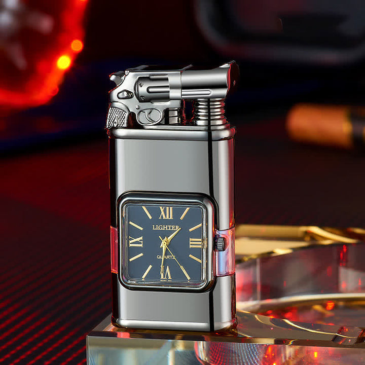 Encendedor de butano recargable de doble llama con diseño de pistolas y reloj