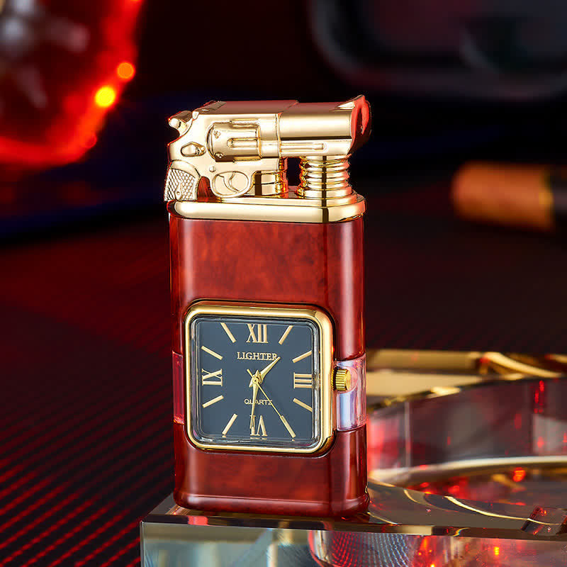 Encendedor de butano recargable de doble llama con diseño de pistolas y reloj