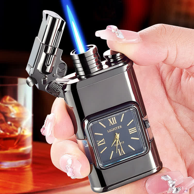 Encendedor de butano recargable de doble llama con diseño de pistolas y reloj