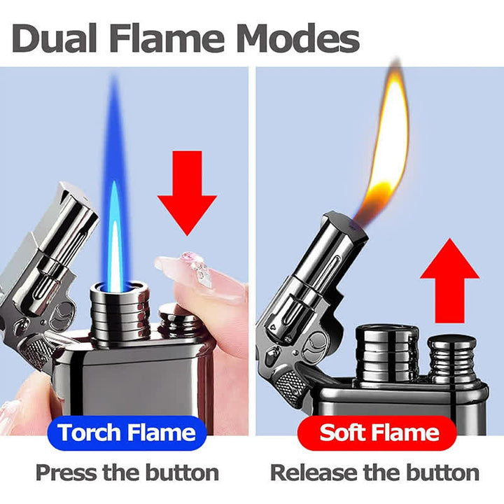 Encendedor de butano recargable de doble llama con diseño de dragón y reloj