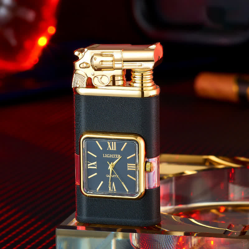 Encendedor de butano recargable de doble llama con diseño de pistolas y reloj