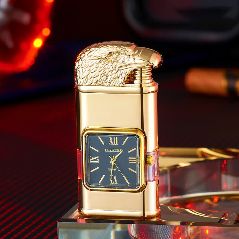 Encendedor de butano recargable de doble llama con diseño de cabeza de águila y reloj