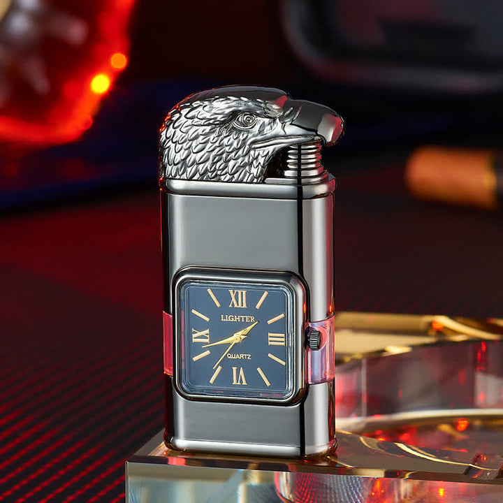 Encendedor de butano recargable de doble llama con diseño de cabeza de águila y reloj