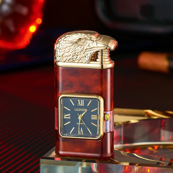 Encendedor de butano recargable de doble llama con diseño de cabeza de águila y reloj