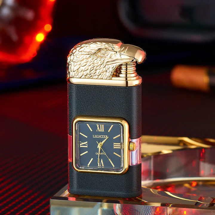 Encendedor de butano recargable de doble llama con diseño de cabeza de águila y reloj