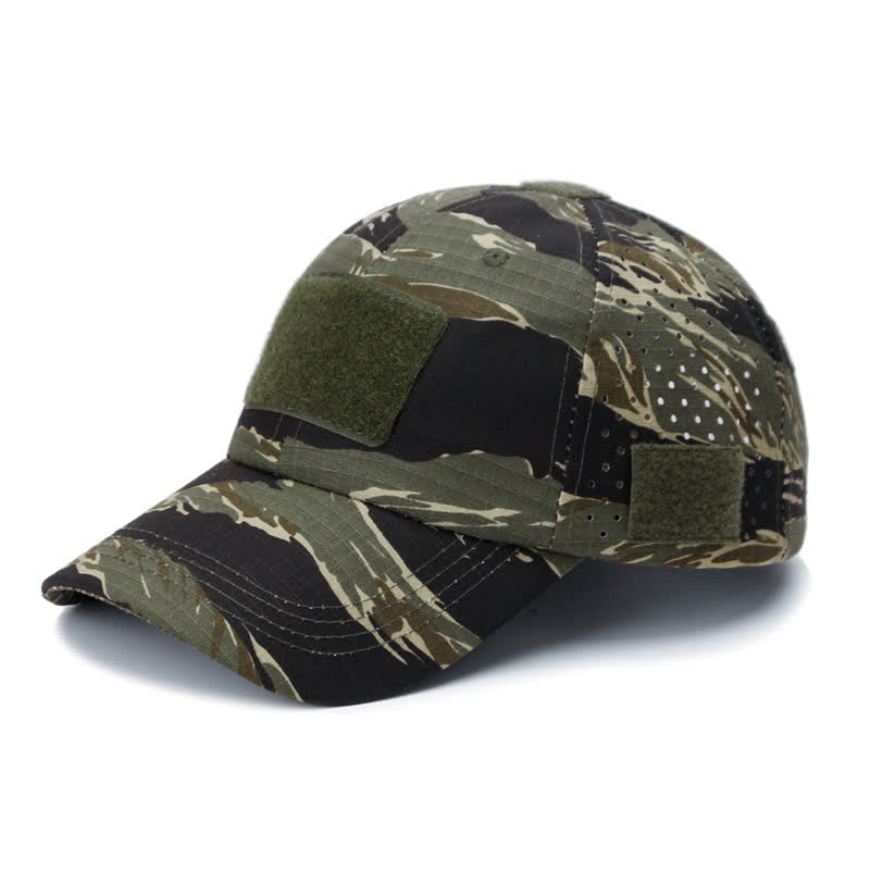 Gorra de béisbol de camuflaje transpirable con orificio para gafas y velcro