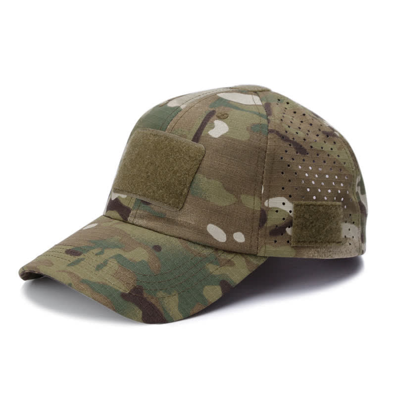 Gorra de béisbol de camuflaje transpirable con orificio para gafas y velcro