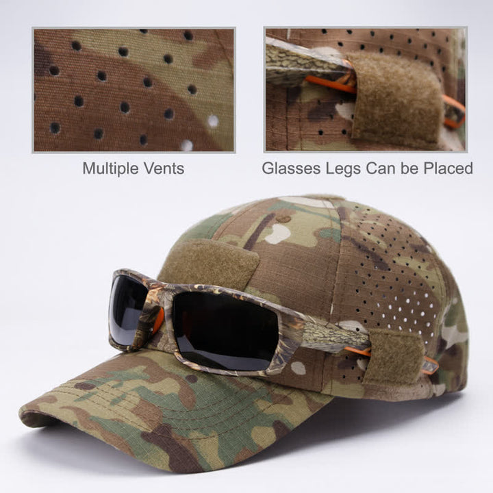 Gorra de béisbol de camuflaje transpirable con orificio para gafas y velcro