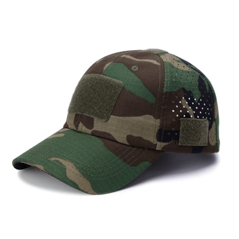 Gorra de béisbol de camuflaje transpirable con orificio para gafas y velcro
