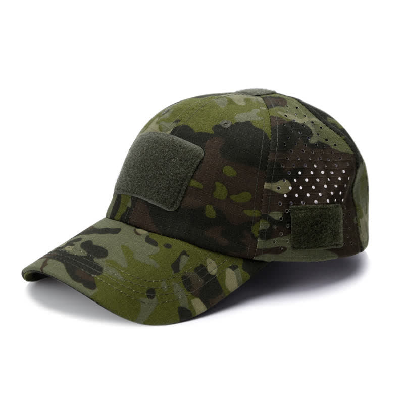 Gorra de béisbol de camuflaje transpirable con orificio para gafas y velcro