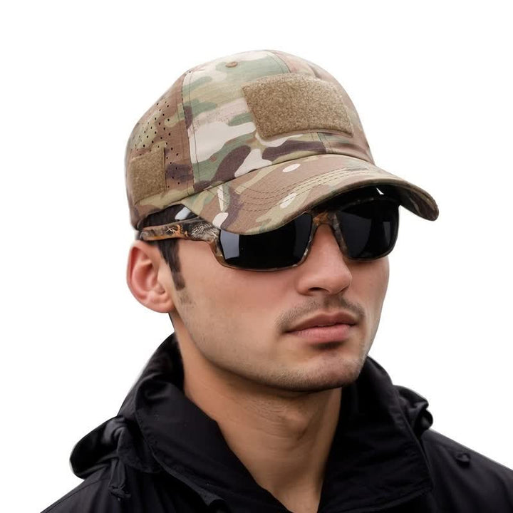 Gorra de béisbol de camuflaje transpirable con orificio para gafas y velcro