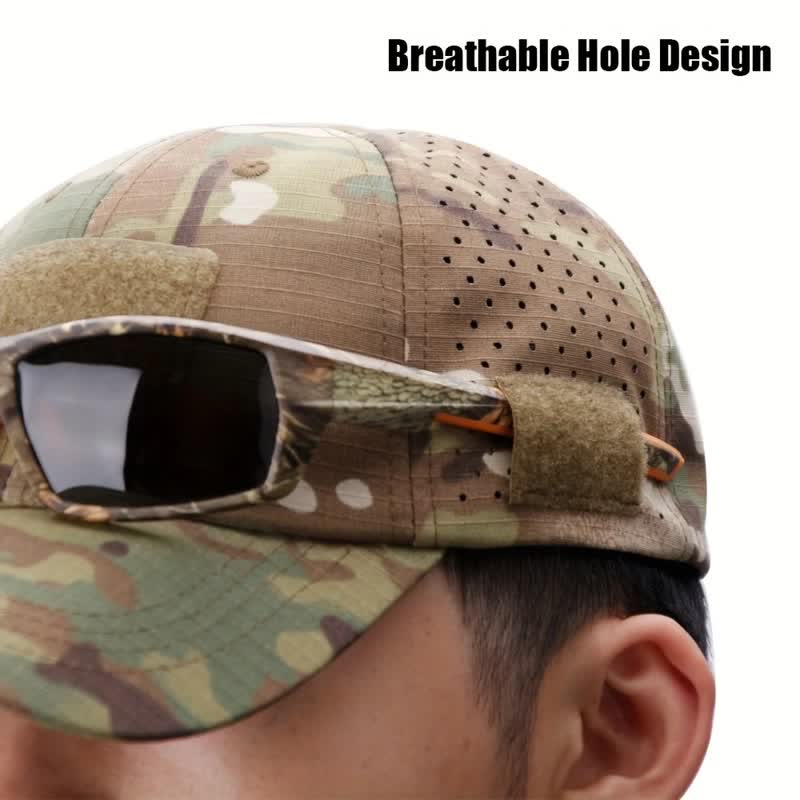 Gorra de béisbol de camuflaje transpirable con orificio para gafas y velcro