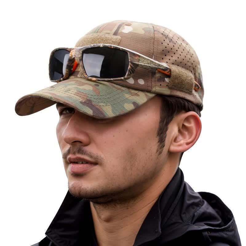 Gorra de béisbol de camuflaje transpirable con orificio para gafas y velcro