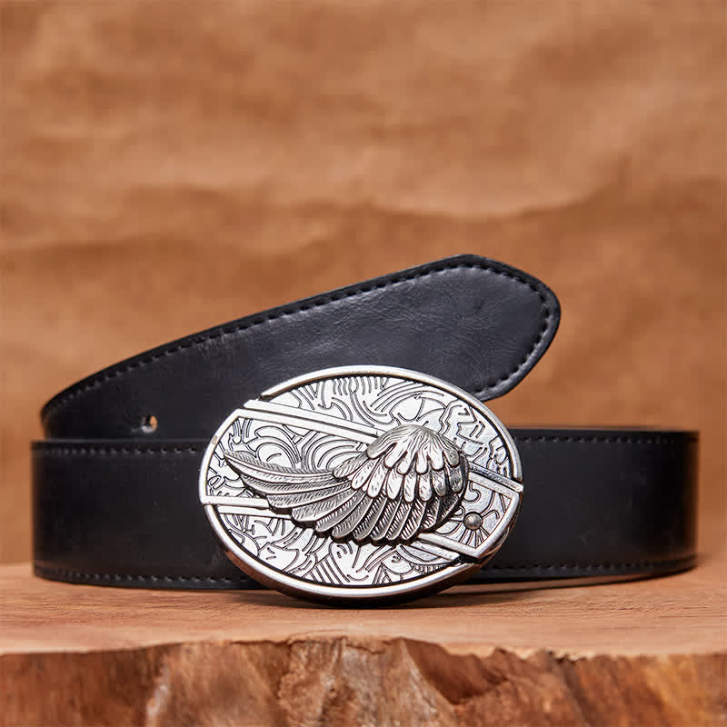 Cinturón de cuero con cuchillo plegable oculto con alas de ángel para hombre