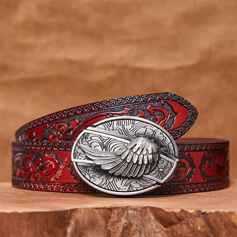 Cinturón de cuero con cuchillo plegable oculto con alas de ángel para hombre