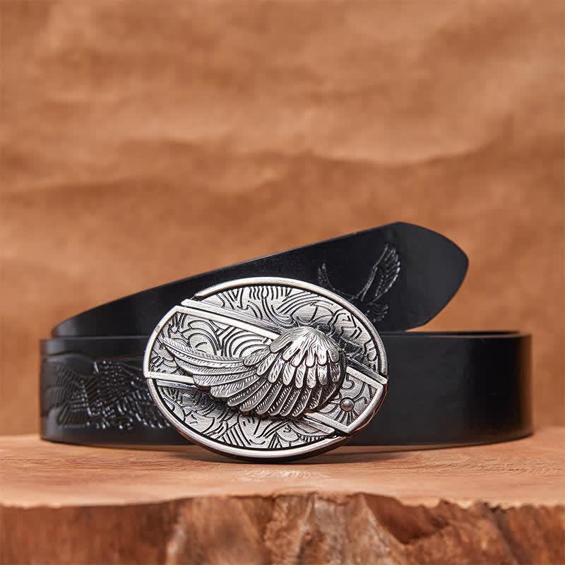 Cinturón de cuero con cuchillo plegable oculto con alas de ángel para hombre
