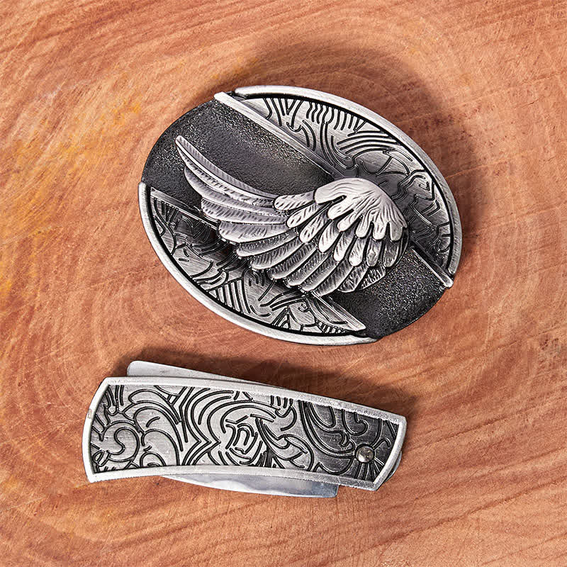Cinturón de cuero con cuchillo plegable oculto con alas de ángel para hombre