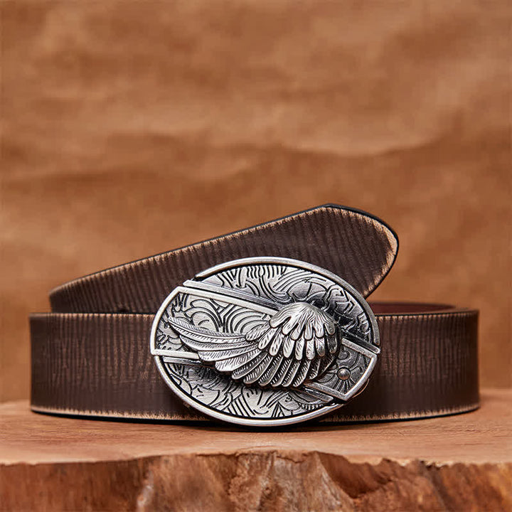 Cinturón de cuero con cuchillo plegable oculto con alas de ángel para hombre