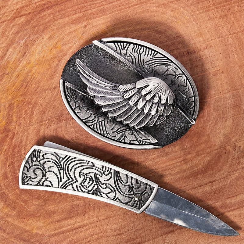 Cinturón de cuero con cuchillo plegable oculto con alas de ángel para hombre