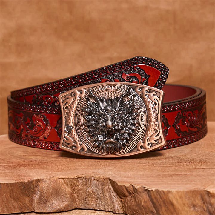 Cinturón de cuero con cuchillo plegable oculto de bronce rojo con dragón para hombre