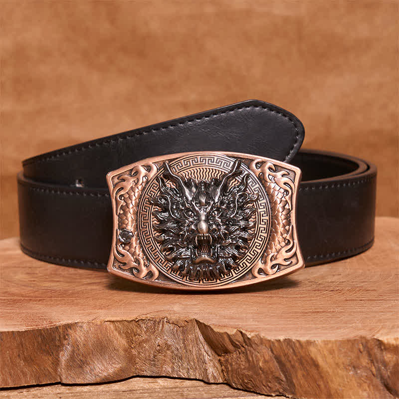 Cinturón de cuero con cuchillo plegable oculto de bronce rojo con dragón para hombre
