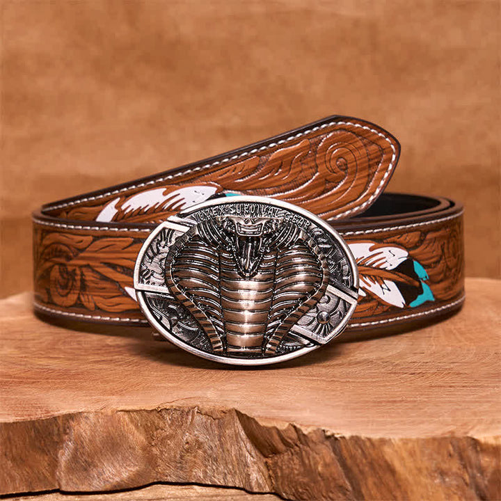 Cinturón de cuero con cuchillo plegable oculto de cobra venenosa para hombre
