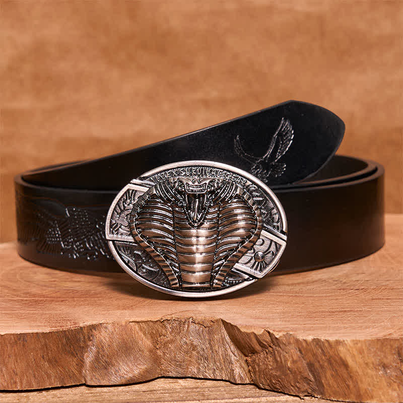 Cinturón de cuero con cuchillo plegable oculto de cobra venenosa para hombre