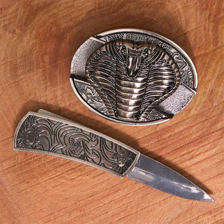Cinturón de cuero con cuchillo plegable oculto de cobra venenosa para hombre