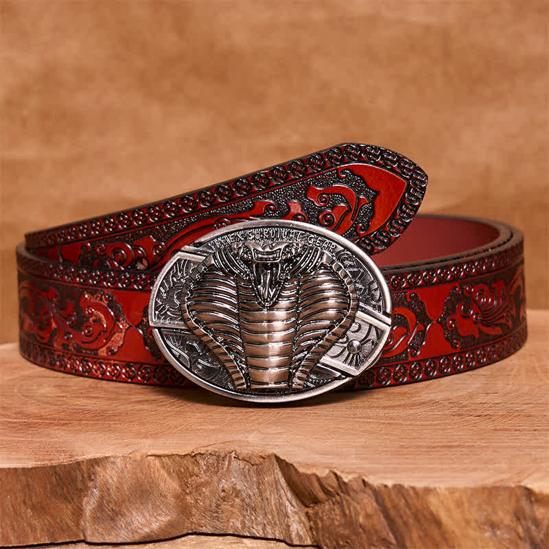 Cinturón de cuero con cuchillo plegable oculto de cobra venenosa para hombre