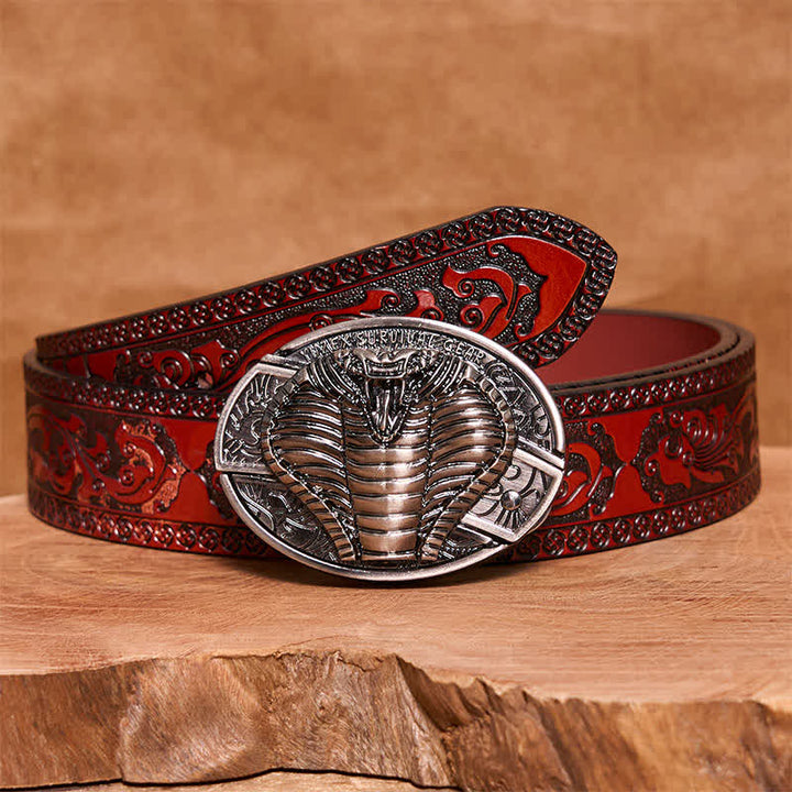Cinturón de cuero con cuchillo plegable oculto de cobra venenosa para hombre