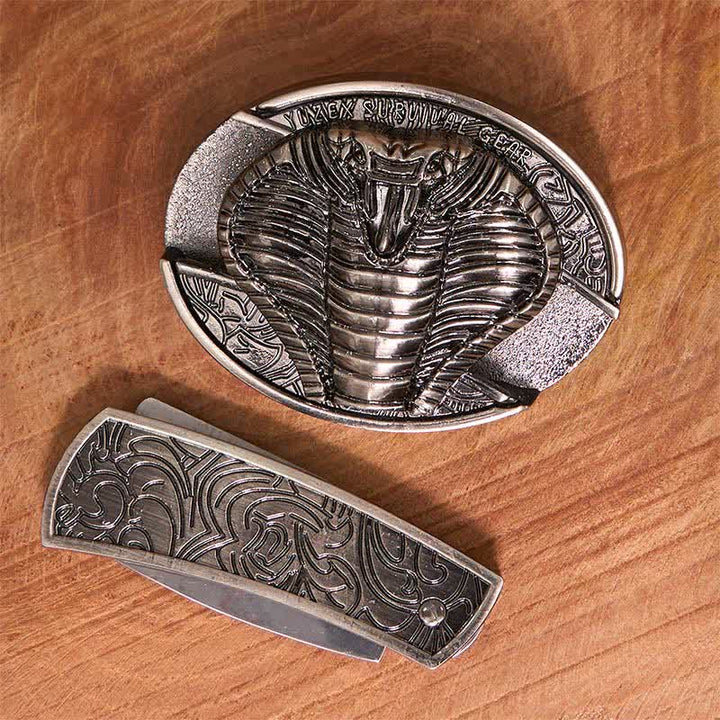 Cinturón de cuero con cuchillo plegable oculto de cobra venenosa para hombre